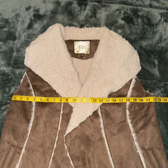 YMI Faux Fur Vest Women's 1X Plus Brown Classic Shawl Collar Pockets Open Front - Picture 5 of 7